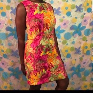Bright floral midi dress size 4P neon petite